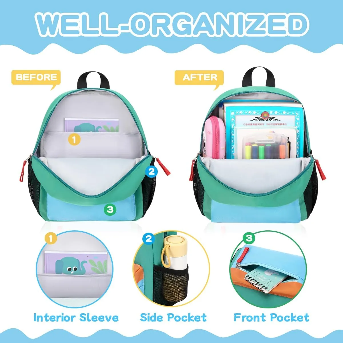 Toddler Backpack for Boys Girls, 12'' Mini Preschool Backpack for Kids Age 2-4 Years Old Small Toddler Bookbag for Kindergarten with Chest Buckle and Reflective Strip,Lake Green and Blue