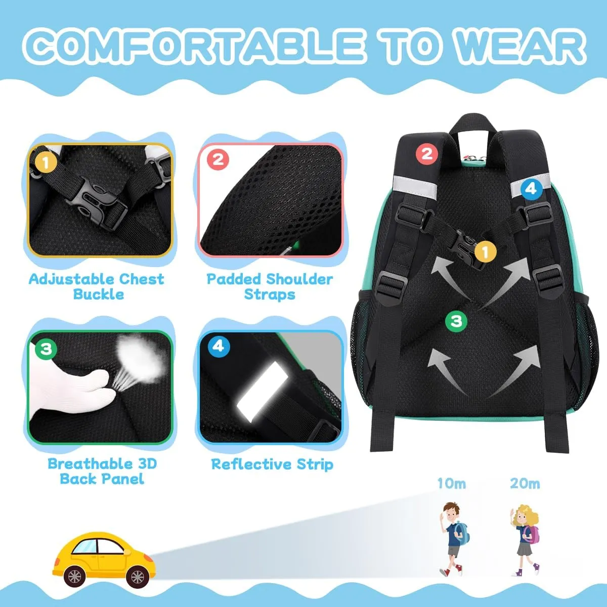 Toddler Backpack for Boys Girls, 12'' Mini Preschool Backpack for Kids Age 2-4 Years Old Small Toddler Bookbag for Kindergarten with Chest Buckle and Reflective Strip,Lake Green and Blue