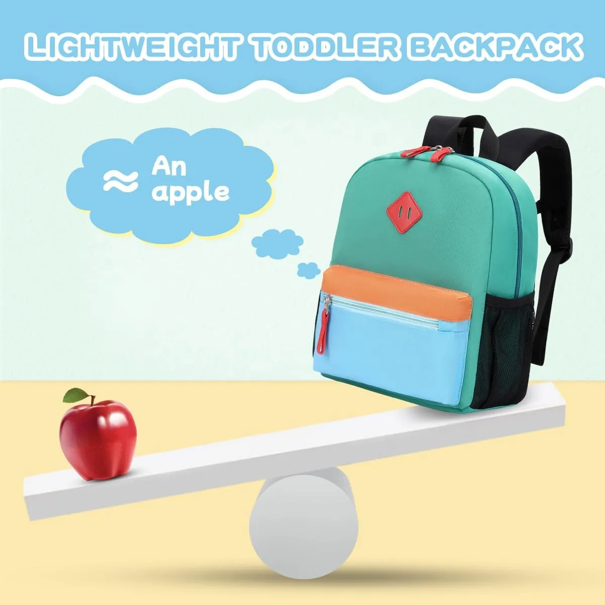 Toddler Backpack for Boys Girls, 12'' Mini Preschool Backpack for Kids Age 2-4 Years Old Small Toddler Bookbag for Kindergarten with Chest Buckle and Reflective Strip,Lake Green and Blue