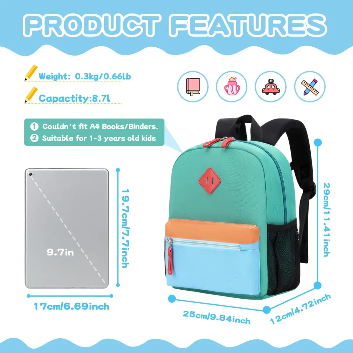 Toddler Backpack for Boys Girls, 12'' Mini Preschool Backpack for Kids Age 2-4 Years Old Small Toddler Bookbag for Kindergarten with Chest Buckle and Reflective Strip,Lake Green and Blue