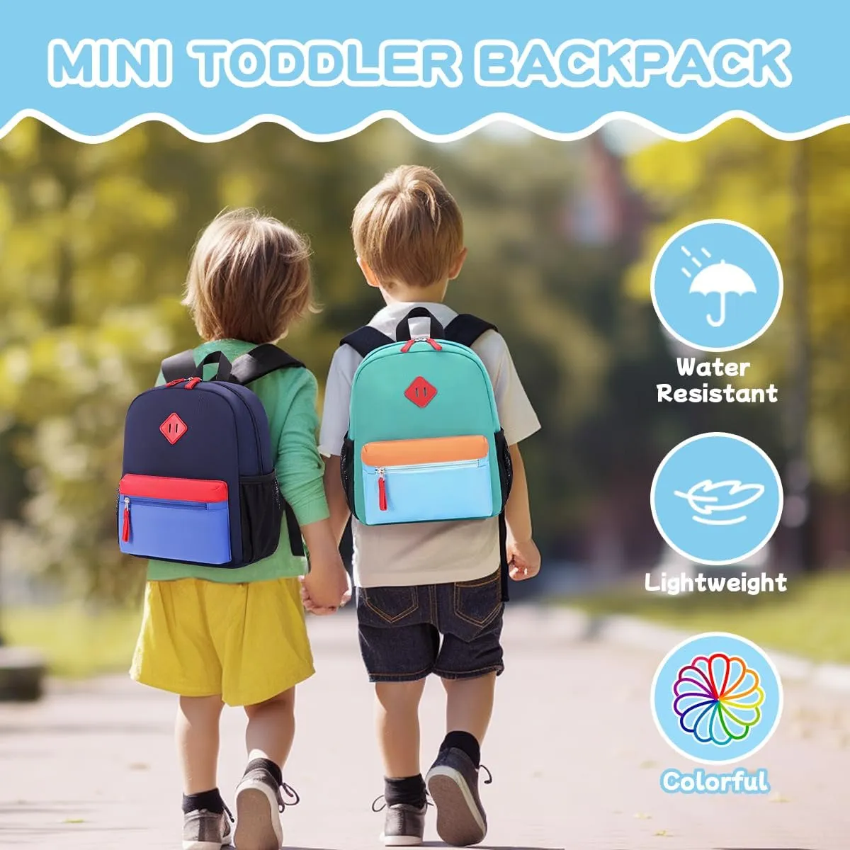 Toddler Backpack for Boys Girls, 12'' Mini Preschool Backpack for Kids Age 2-4 Years Old Small Toddler Bookbag for Kindergarten with Chest Buckle and Reflective Strip,Lake Green and Blue