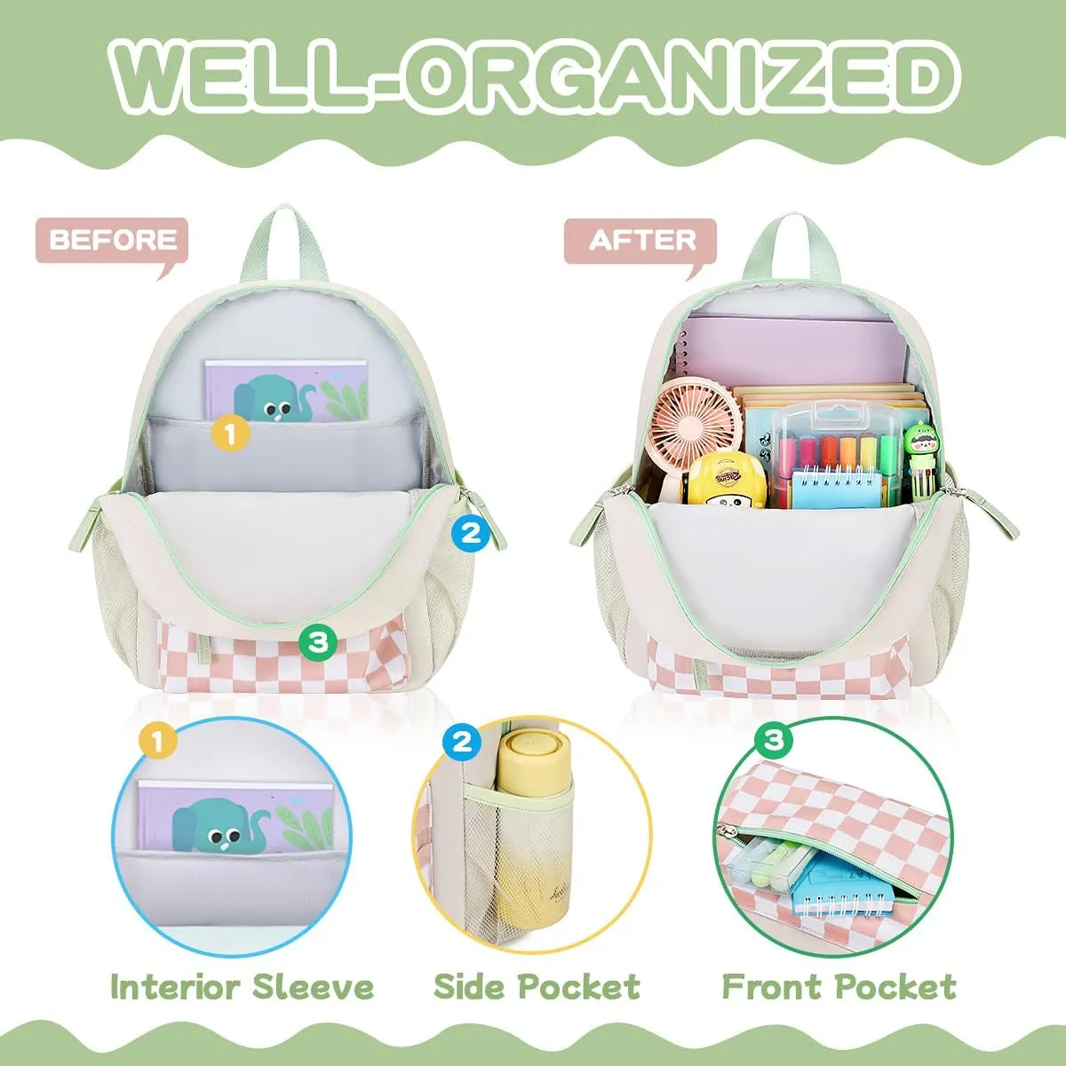 Toddler Backpack for Girls, 12'' Mini Preschool Backpack for Kids Age 2-4 Years Old Small Toddler Bookbag for Kindergarten with Chest Buckle and Reflective Strip, Green Plain