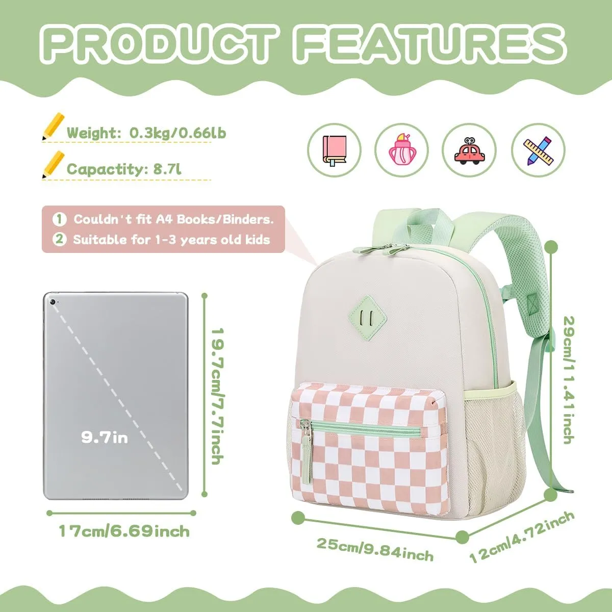 Toddler Backpack for Girls, 12'' Mini Preschool Backpack for Kids Age 2-4 Years Old Small Toddler Bookbag for Kindergarten with Chest Buckle and Reflective Strip, Green Plain