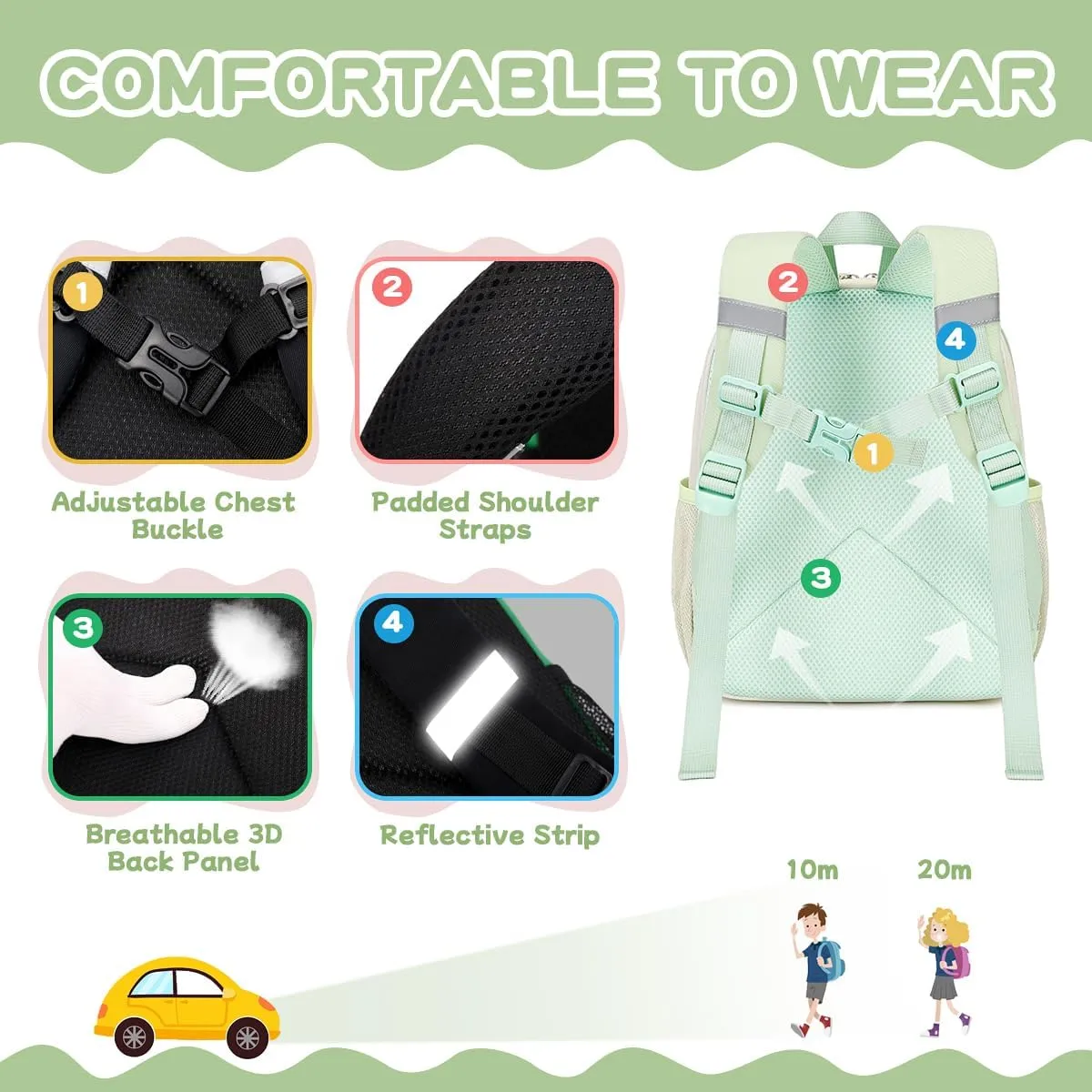 Toddler Backpack for Girls, 12'' Mini Preschool Backpack for Kids Age 2-4 Years Old Small Toddler Bookbag for Kindergarten with Chest Buckle and Reflective Strip, Green Plain