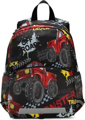 Toddler Kid's Boys Girls Backpack Red Cool Monster Truck off Road Black Bag with Safety Leash Chest Clip Nursery Travel Daycare Bag