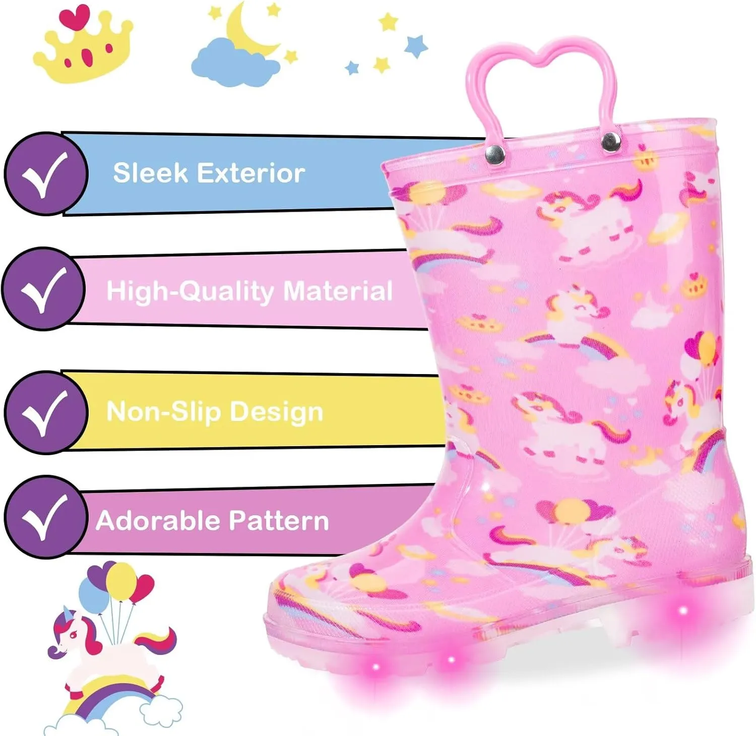 Toddler Kids Rain Boots Boys Girls Light Up Waterproof Boot with Handles