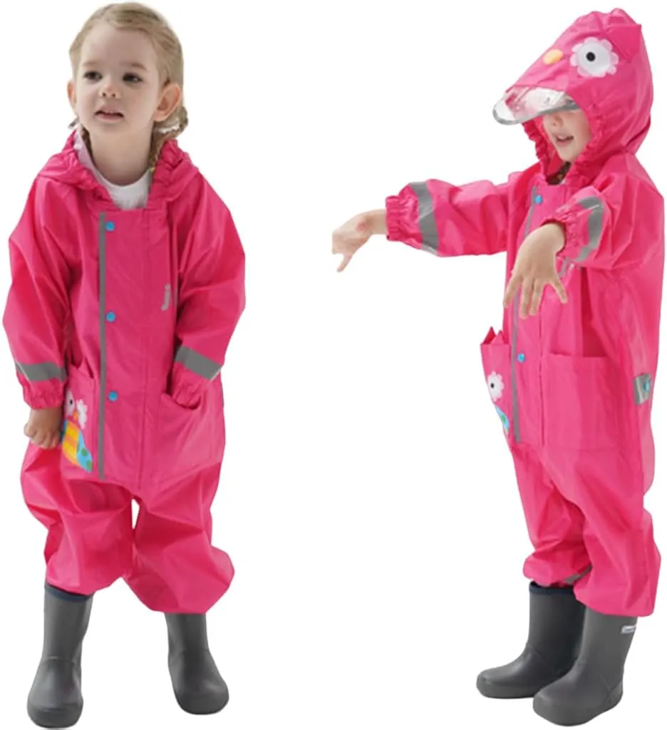 Toddler Kids Rain Suit with Hood - Waterproof Coverall One Piece for Kids (1-9 Years)