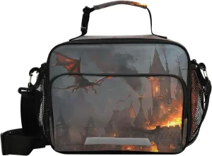 Toddler Lunch Bag Kids Boys Girls Boxes Insulated Small Cooler Pterosaur Burning Castle for School Student Shoulder Strap Water-Resistant