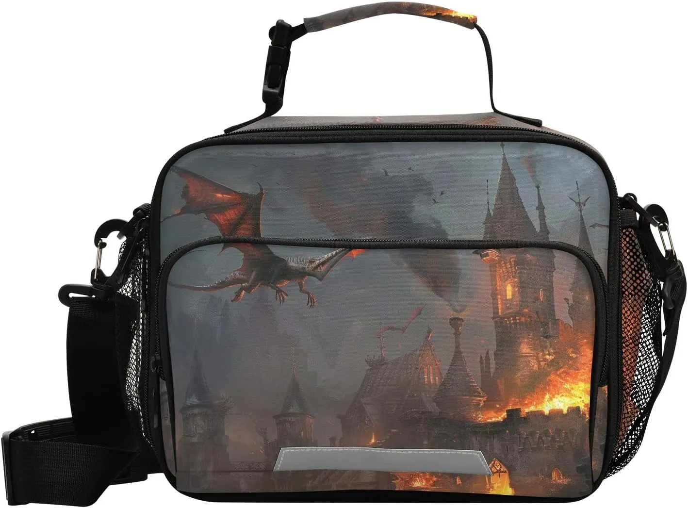 Toddler Lunch Bag Kids Boys Girls Boxes Insulated Small Cooler Pterosaur Burning Castle for School Student Shoulder Strap Water-Resistant