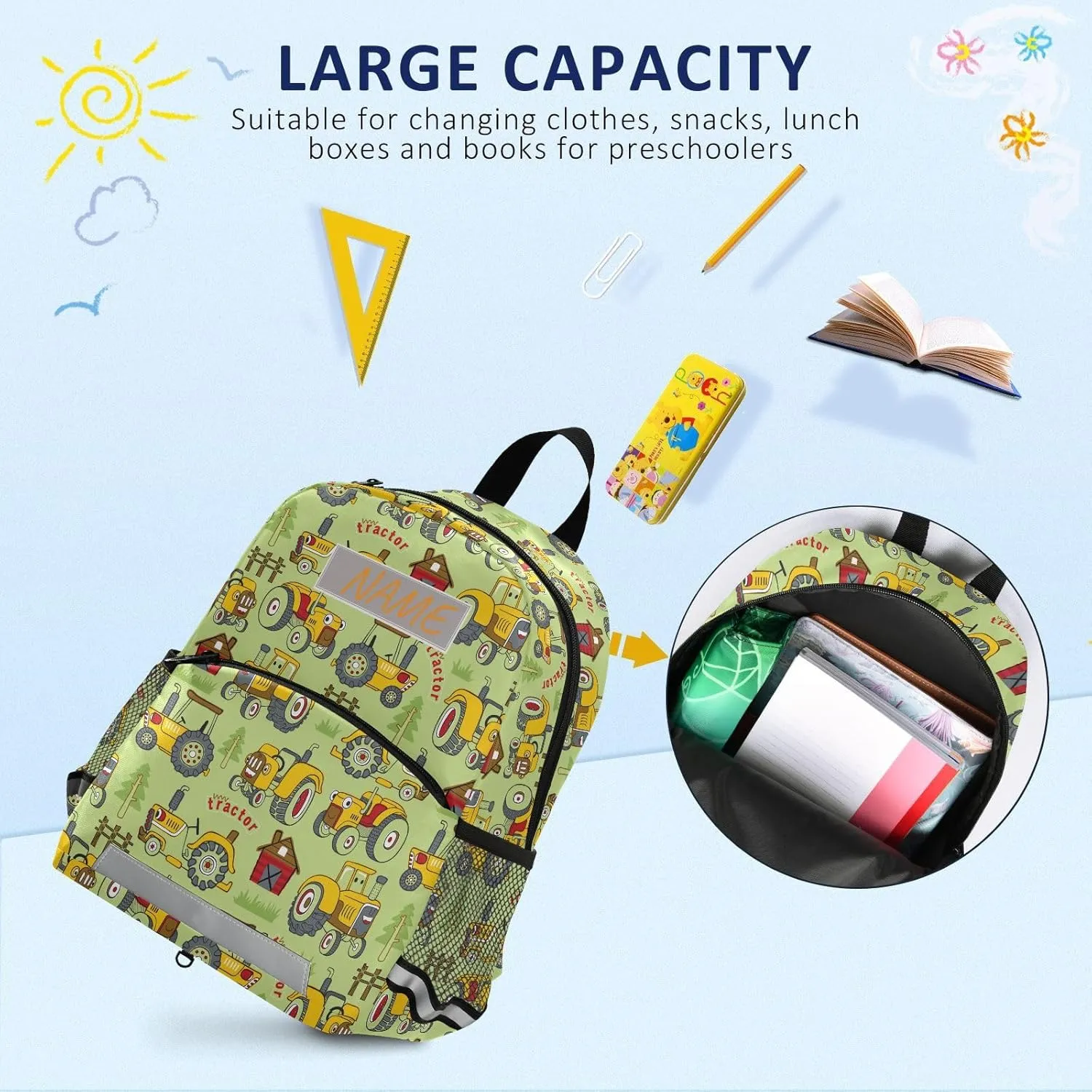 Toddlers Backpack Custom Kid's Name Tractors Ccartoon Farming Bookbag for Boys Girls 3-6 Years,Personalized Colorful Cars Kindergarten Preschool Backpack Daypack
