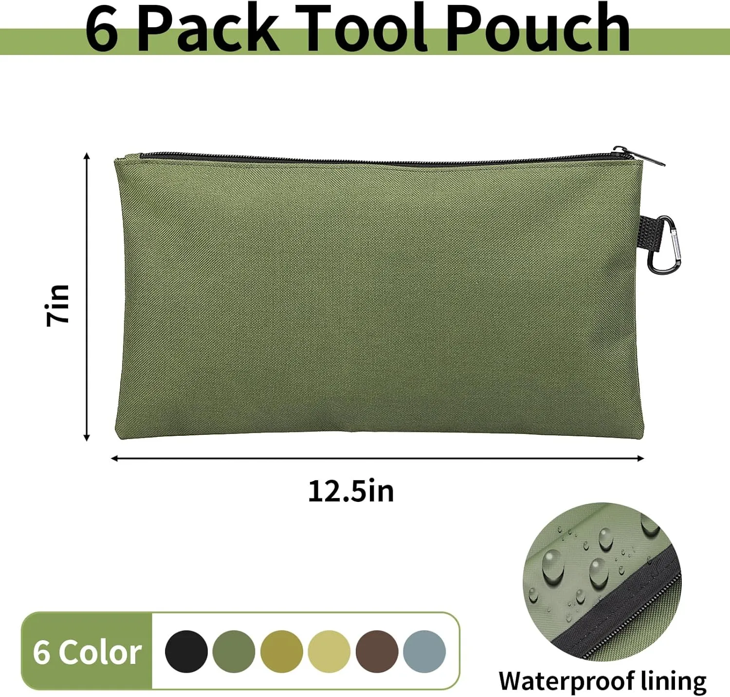 Tool Bag Zipper Pouch, Premium Tool Pouch, Utility Multipurpose Storage Organizer Tool Pouches with Carabiner Metal Zipper for Tools (6 Pack, Tan, Navy Green, Black, Light Brown, Grey, Mocha)