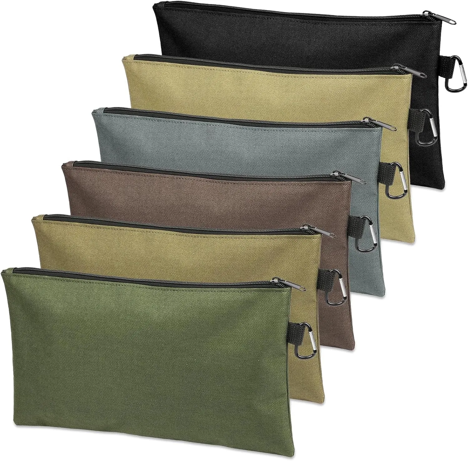 Tool Bag Zipper Pouch, Premium Tool Pouch, Utility Multipurpose Storage Organizer Tool Pouches with Carabiner Metal Zipper for Tools (6 Pack, Tan, Navy Green, Black, Light Brown, Grey, Mocha)