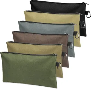 Tool Bag Zipper Pouch, Premium Tool Pouch, Utility Multipurpose Storage Organizer Tool Pouches with Carabiner Metal Zipper for Tools (6 Pack, Tan, Navy Green, Black, Light Brown, Grey, Mocha)
