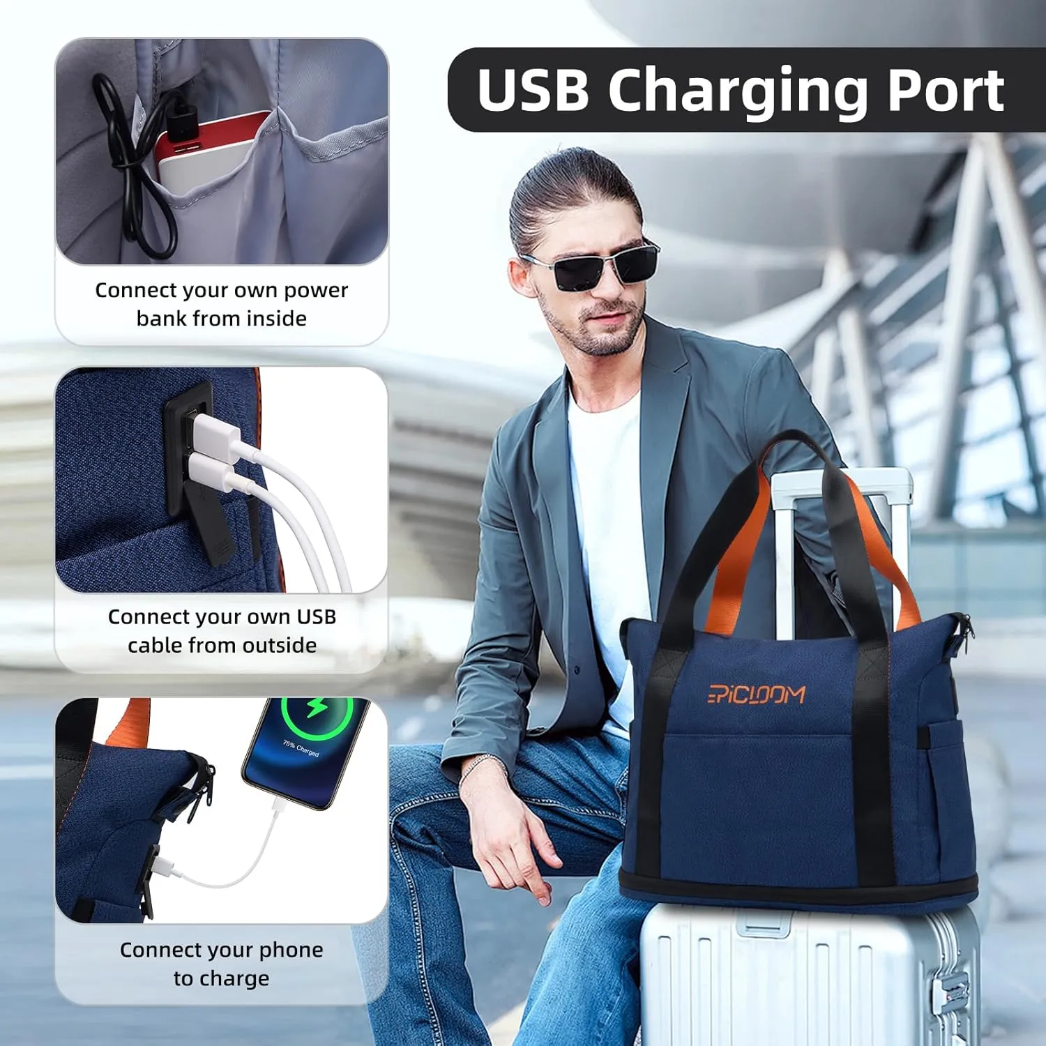 Tote Bag for Men, Travel Duffel Bag for Women with 15.6" Laptop Compartment for Work, Overnight Weekend Bag with USB