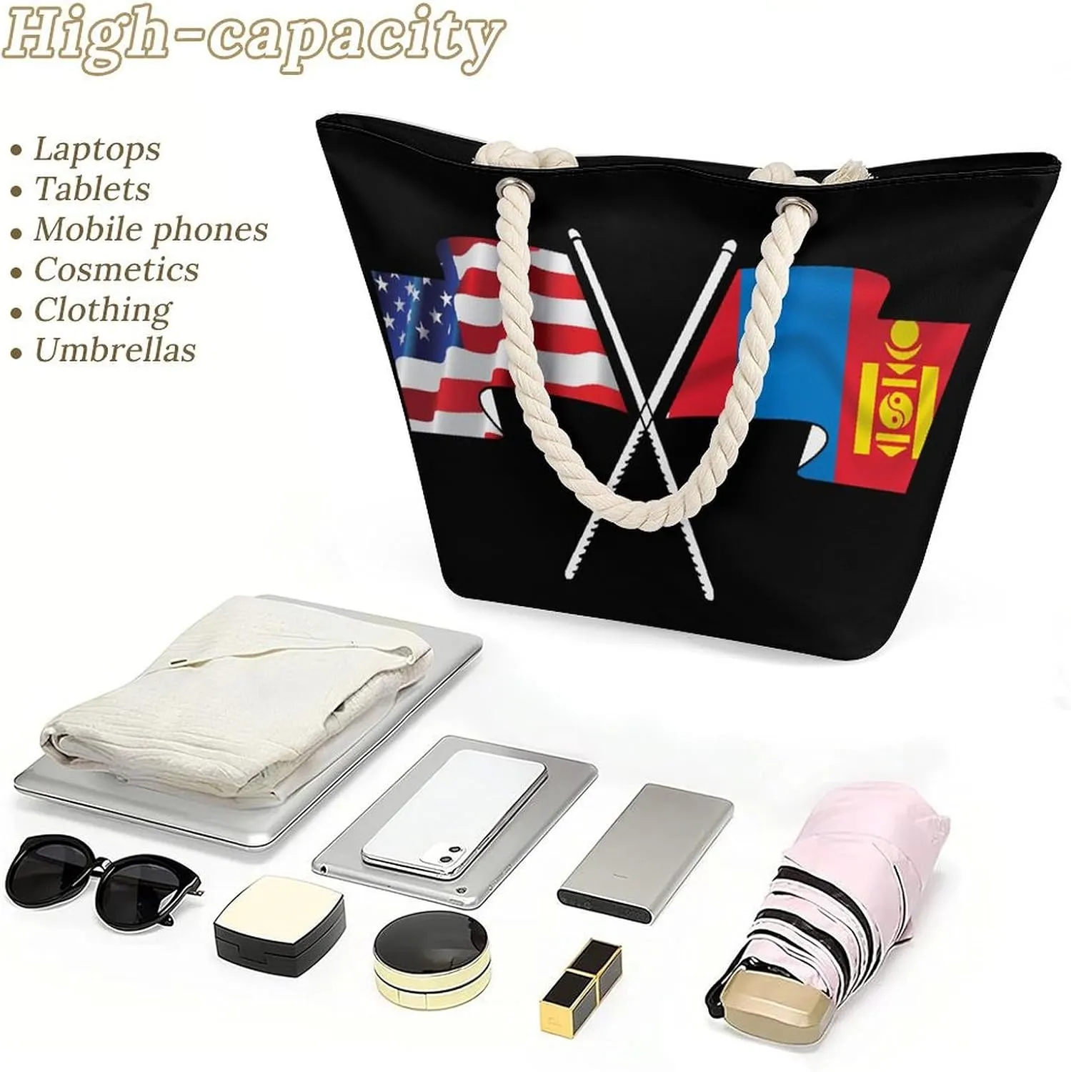 Tote Bag Large Handles Beach Bag with Zipper for Shopping Groceries Travel Outdoors Swim Pool Bag