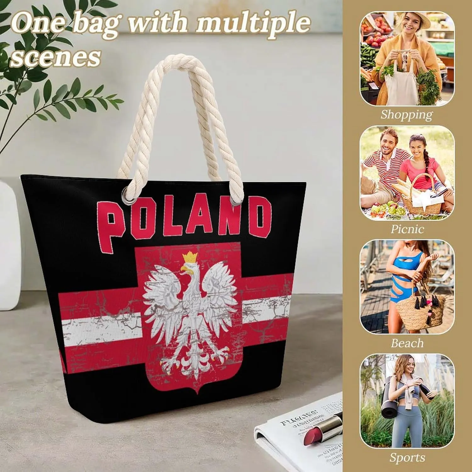 Tote Bag Large Handles Beach Bag with Zipper for Shopping Groceries Travel Outdoors Swim Pool Bag