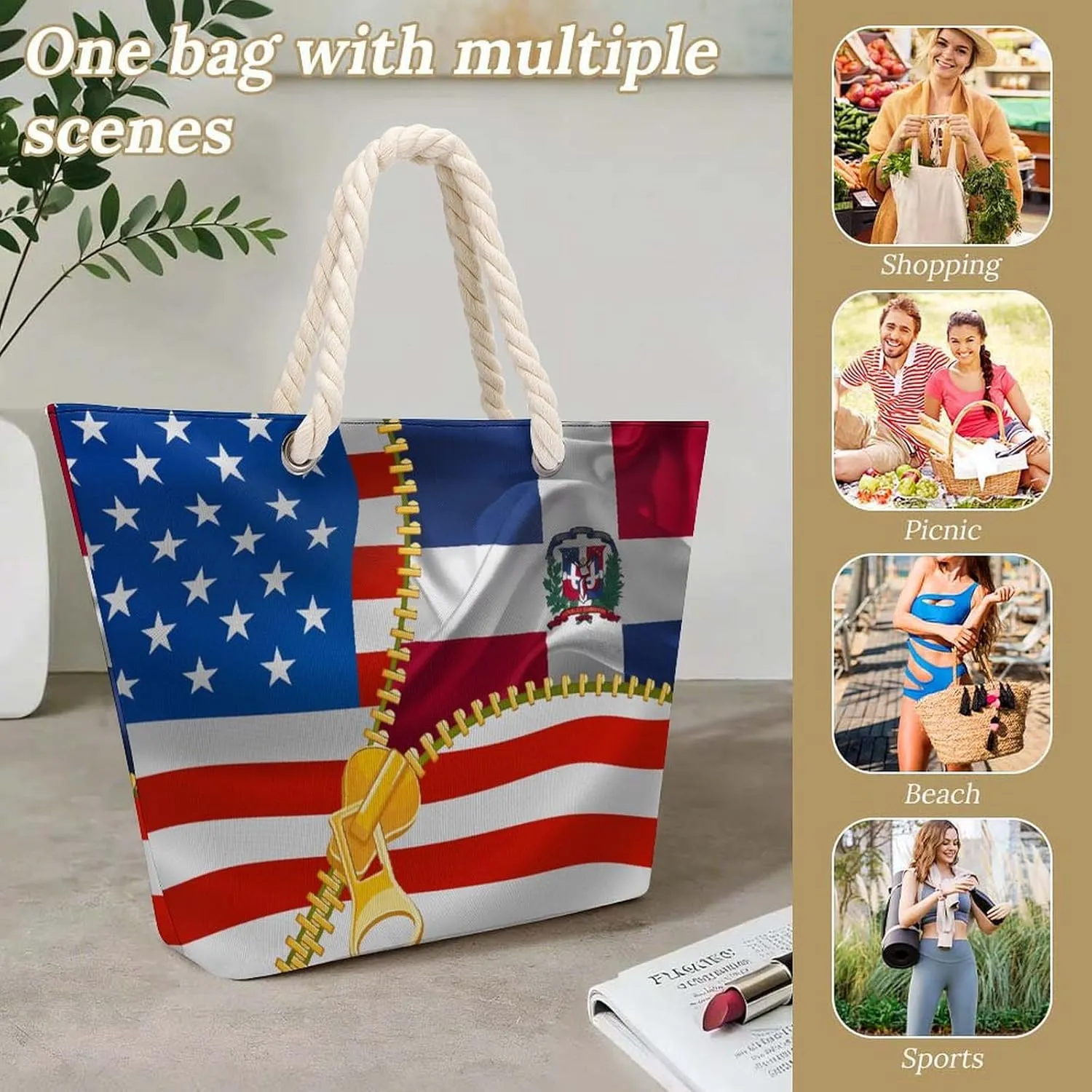Tote Bag Large Handles Beach Bag with Zipper for Shopping Groceries Travel Outdoors Swim Pool Bag