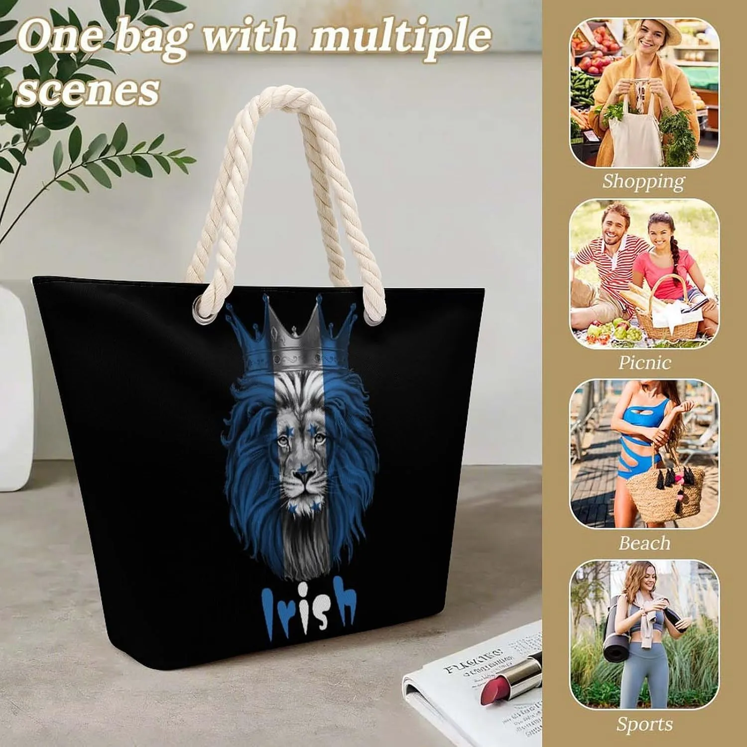 Tote Bag Large Handles Beach Bag with Zipper for Shopping Groceries Travel Outdoors Swim Pool Bag