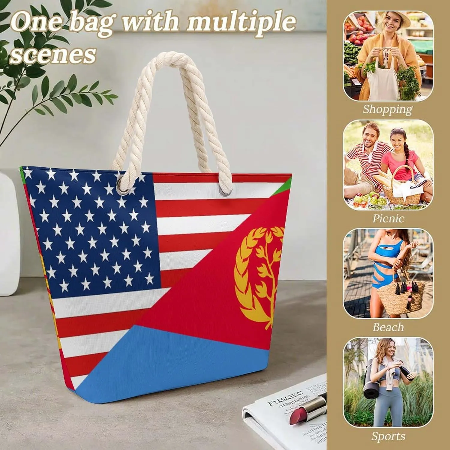 Tote Bag Large Handles Beach Bag with Zipper for Shopping Groceries Travel Outdoors Swim Pool Bag