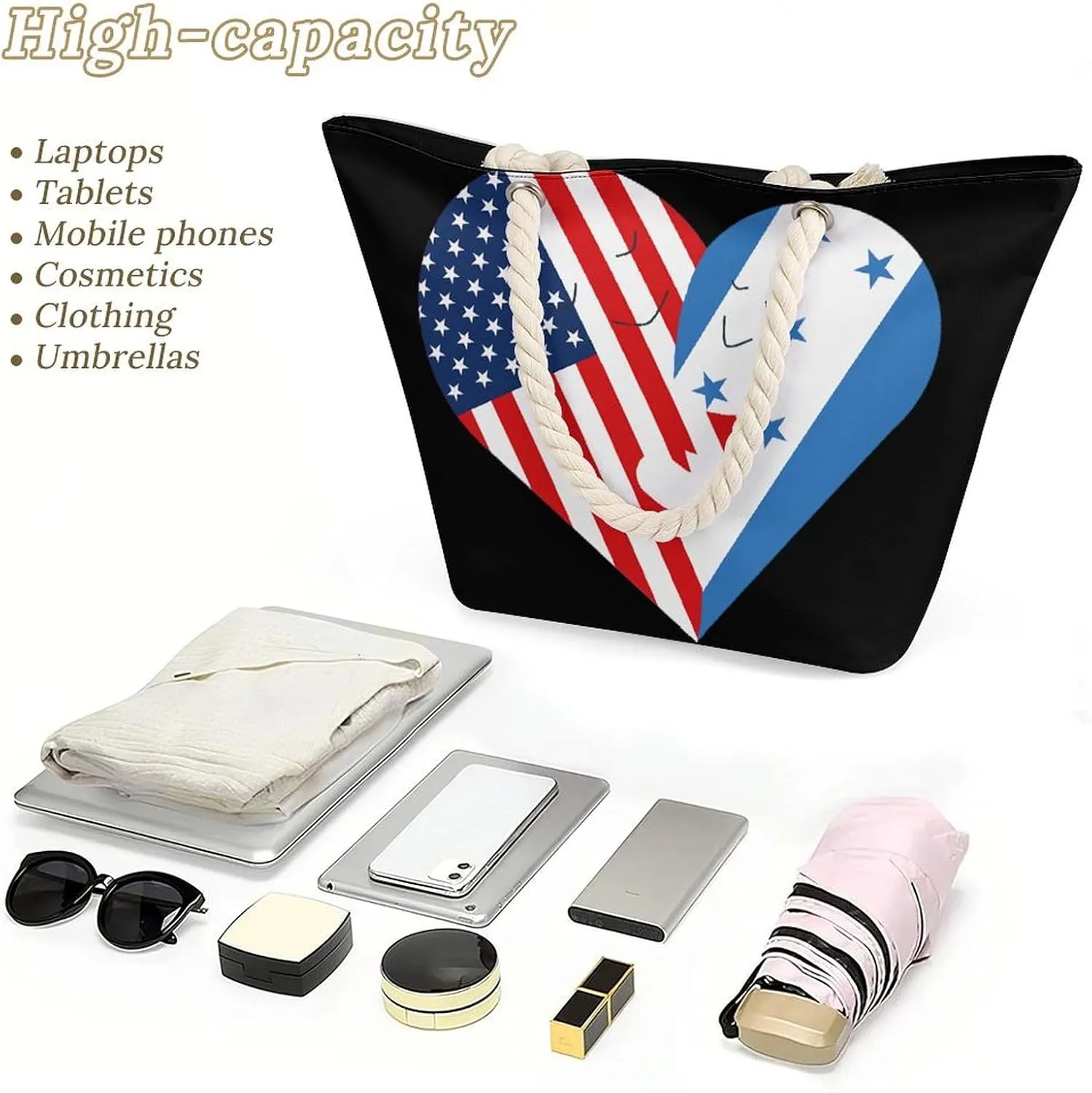 Tote Bag Large Handles Beach Bag with Zipper for Shopping Groceries Travel Outdoors Swim Pool Bag