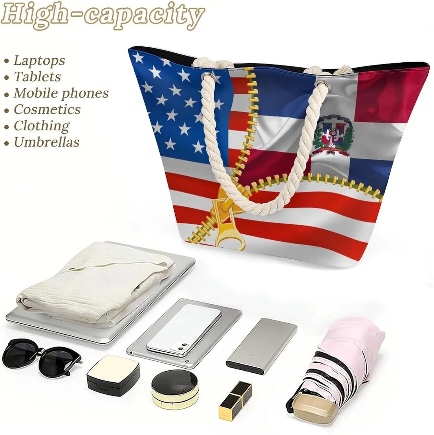 Tote Bag Large Handles Beach Bag with Zipper for Shopping Groceries Travel Outdoors Swim Pool Bag