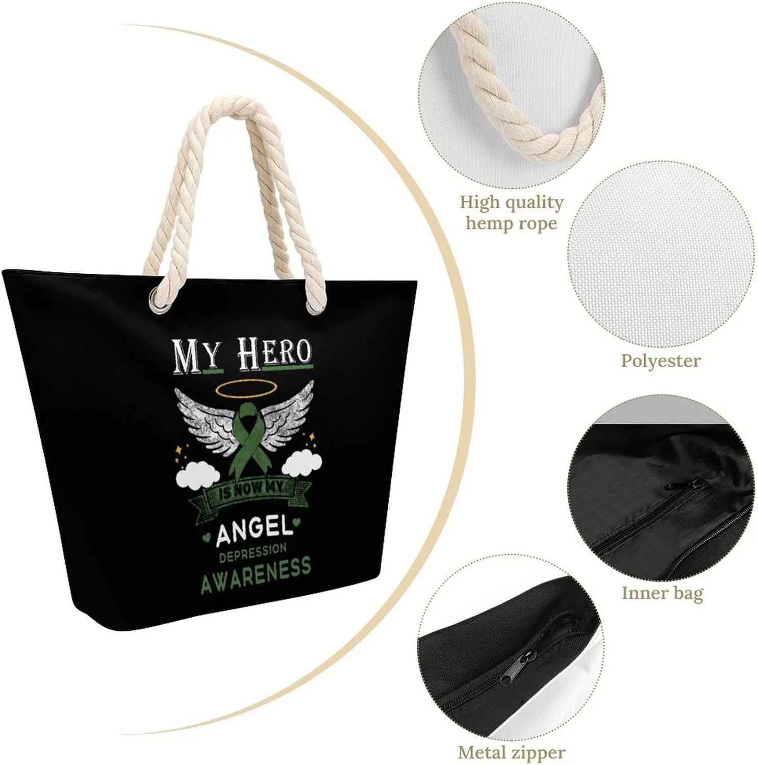 Tote Bag Large Handles Beach Bag with Zipper for Shopping Groceries Travel Outdoors Swim Pool Bag