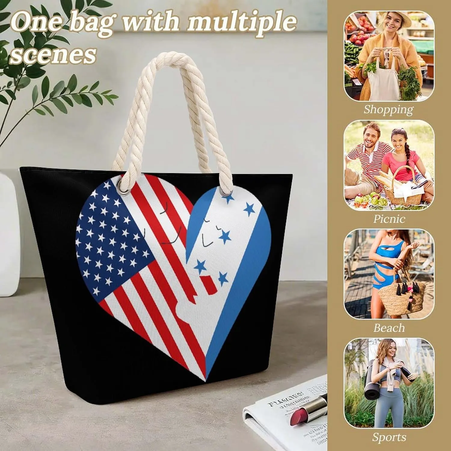Tote Bag Large Handles Beach Bag with Zipper for Shopping Groceries Travel Outdoors Swim Pool Bag
