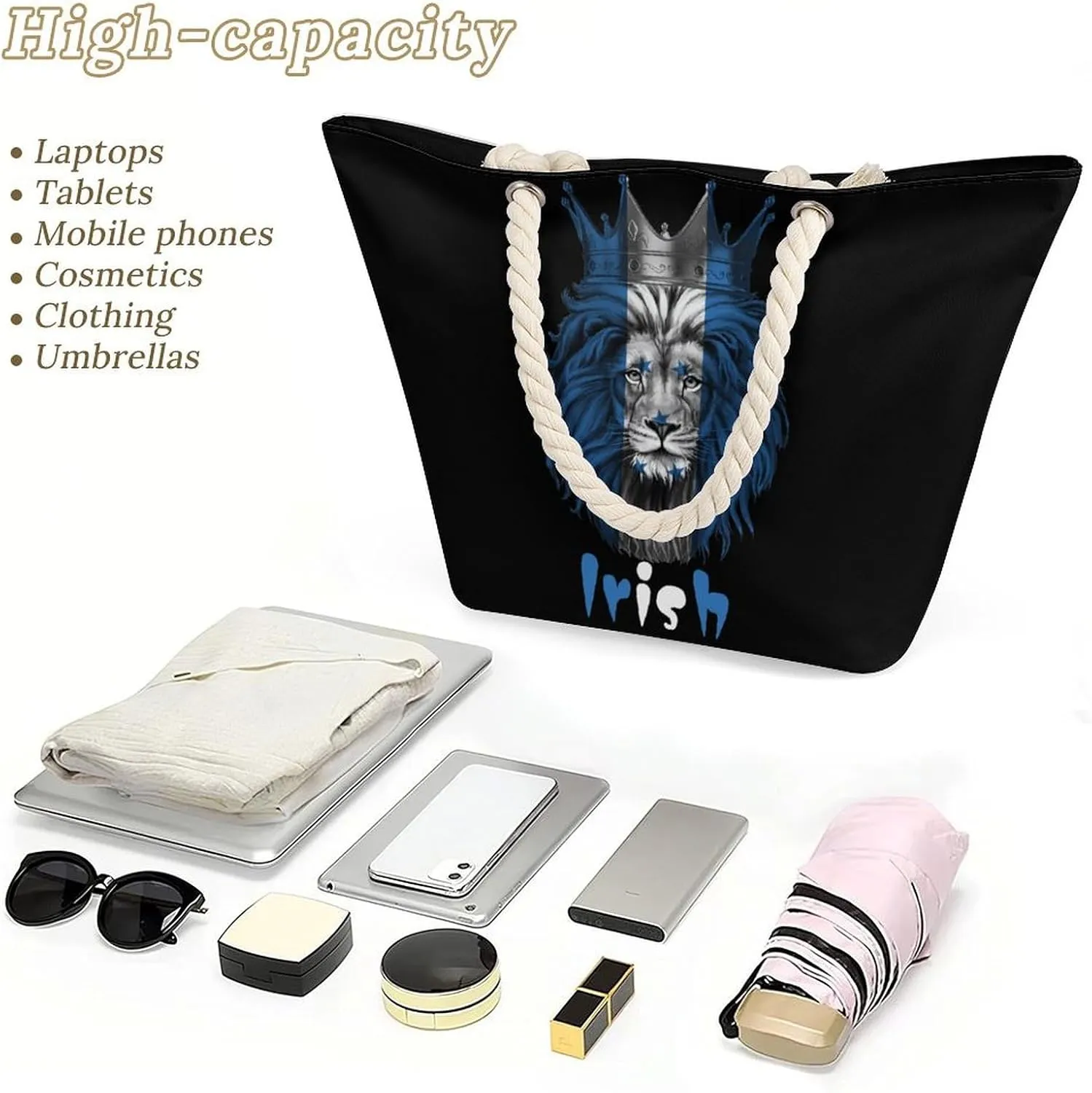 Tote Bag Large Handles Beach Bag with Zipper for Shopping Groceries Travel Outdoors Swim Pool Bag