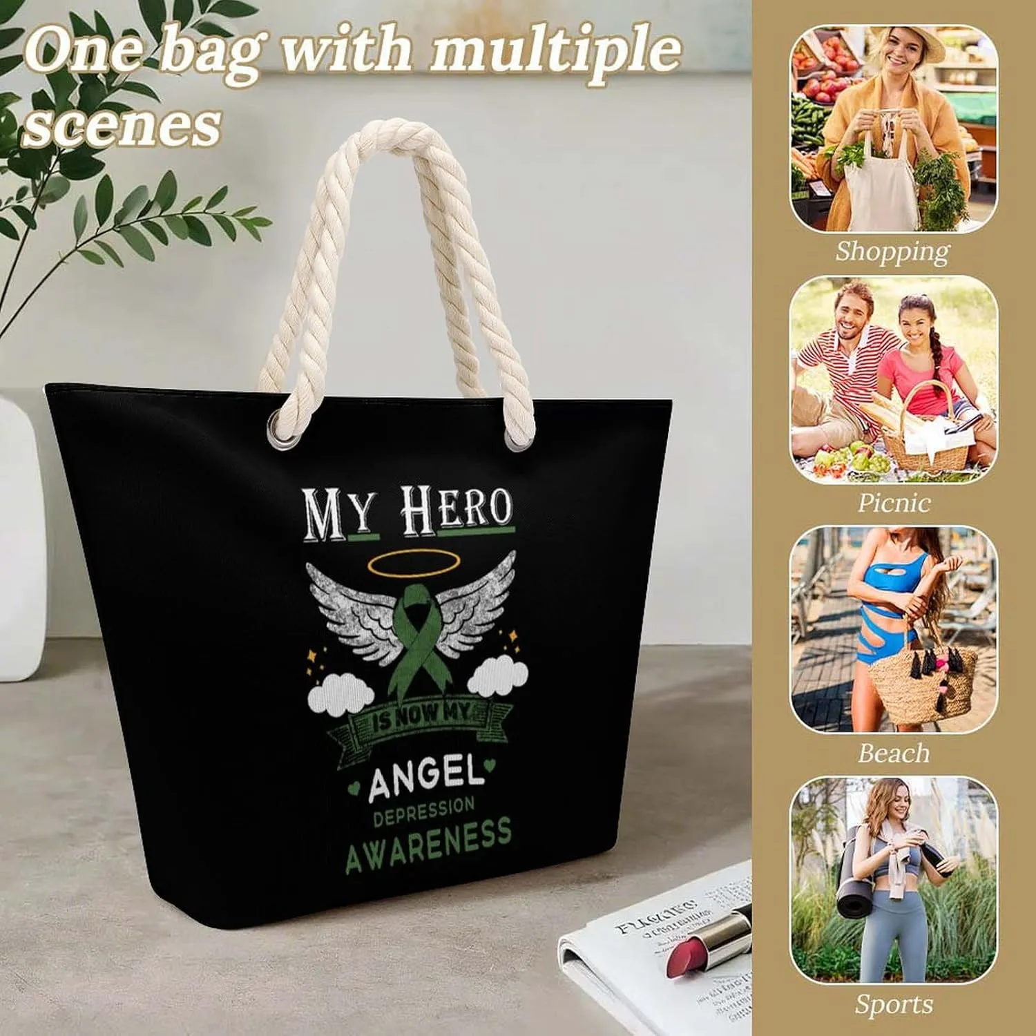 Tote Bag Large Handles Beach Bag with Zipper for Shopping Groceries Travel Outdoors Swim Pool Bag