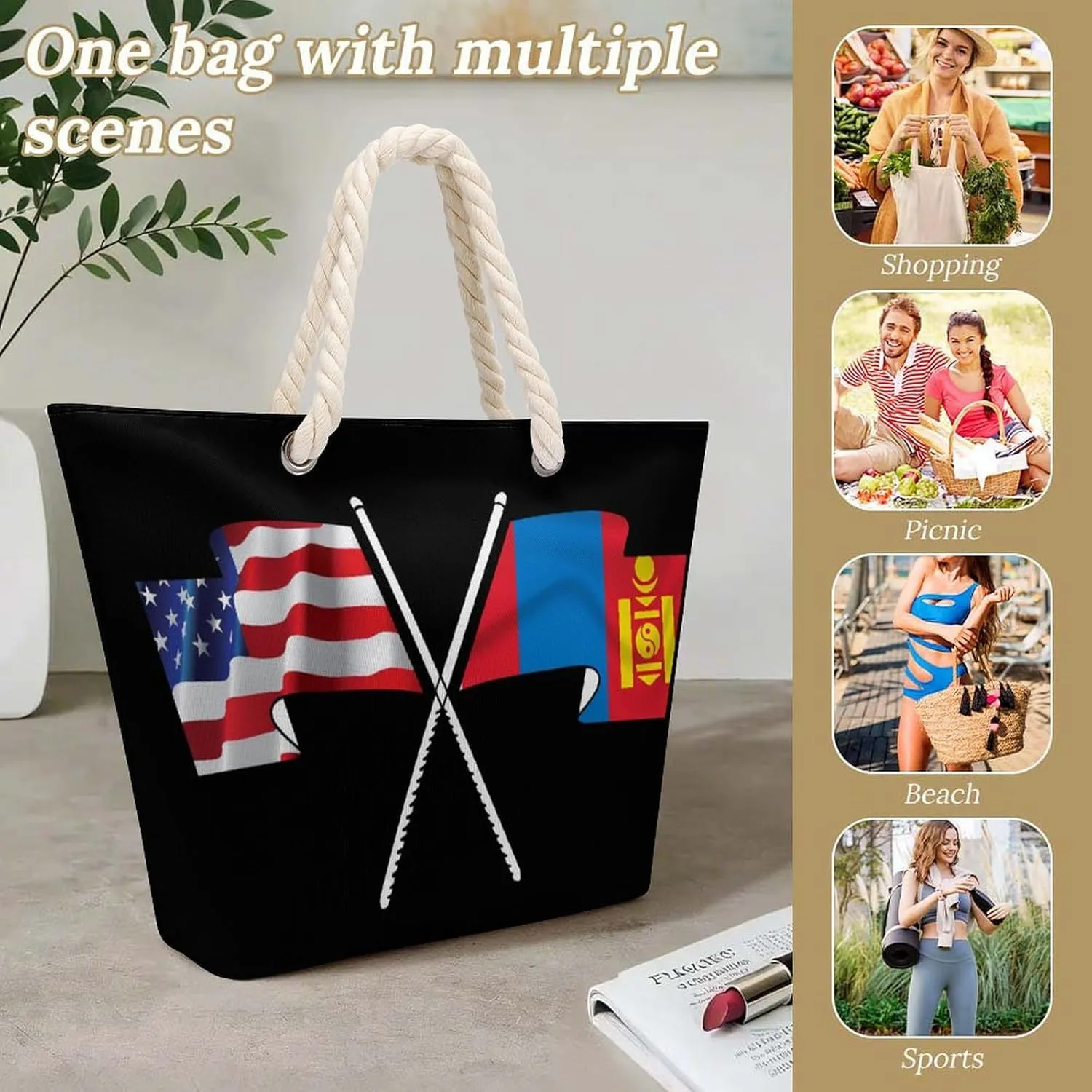 Tote Bag Large Handles Beach Bag with Zipper for Shopping Groceries Travel Outdoors Swim Pool Bag