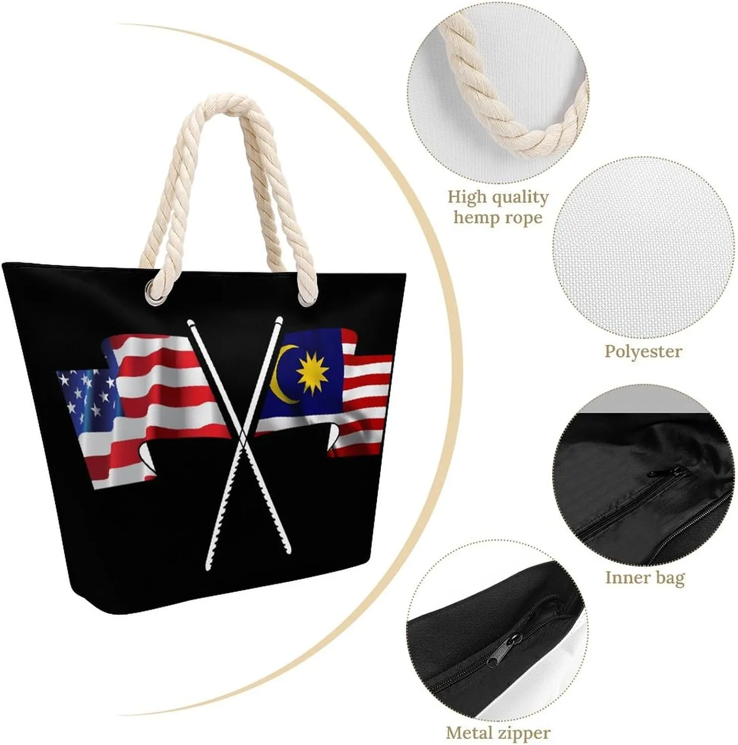 Tote Bag Large Handles Beach Bag with Zipper for Shopping Groceries Travel Outdoors Swim Pool Bag