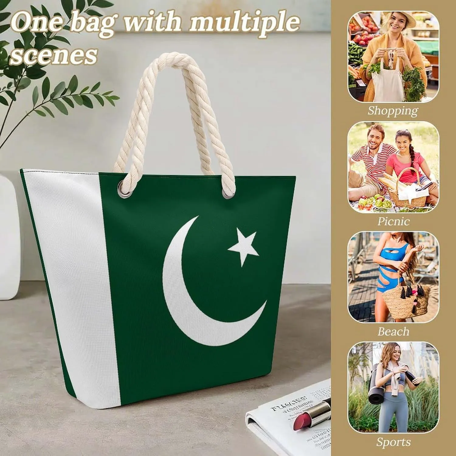 Tote Bag Large Handles Beach Bag with Zipper for Shopping Groceries Travel Outdoors Swim Pool Bag