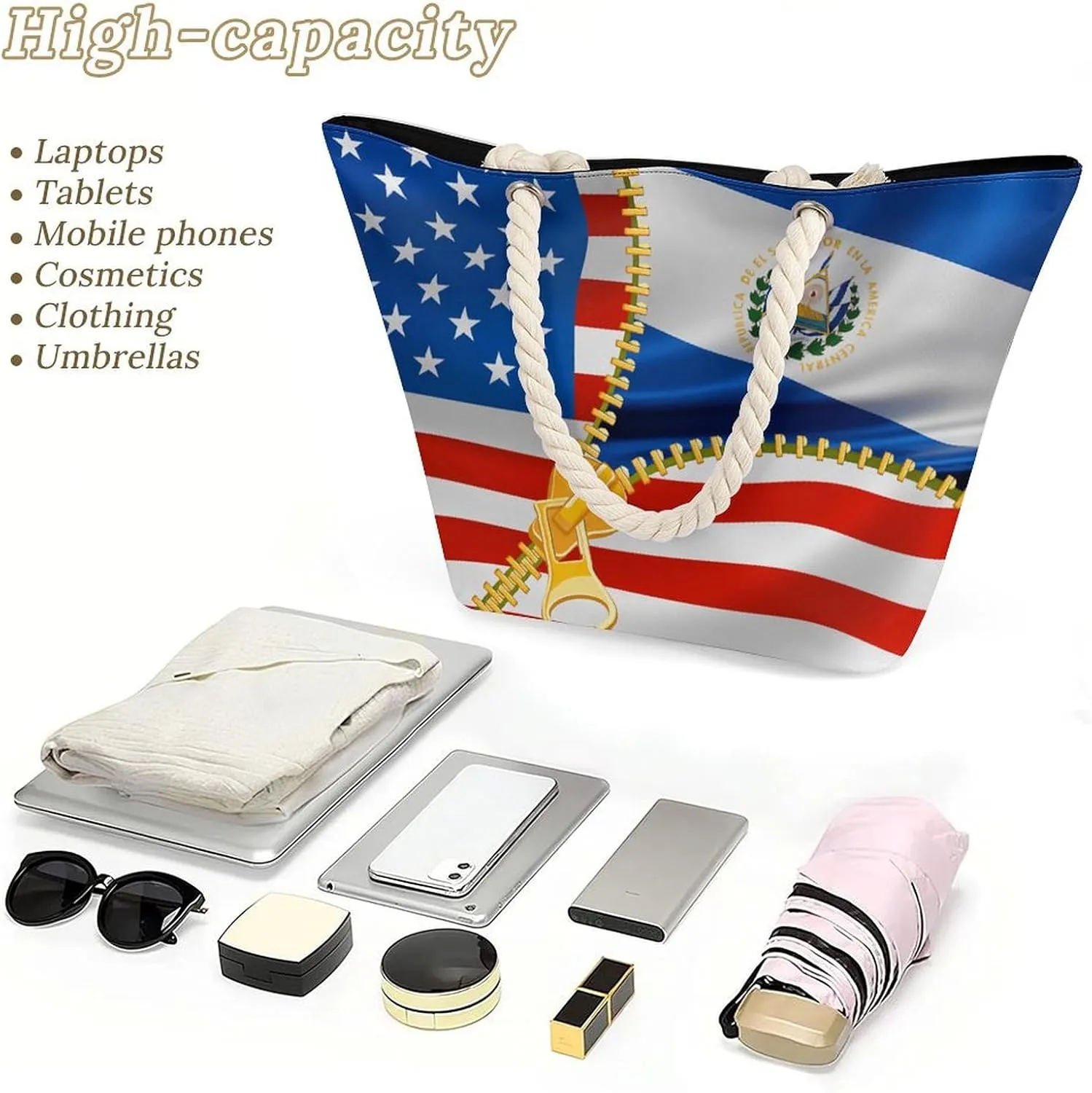 Tote Bag Large Handles Beach Bag with Zipper for Shopping Groceries Travel Outdoors Swim Pool Bag