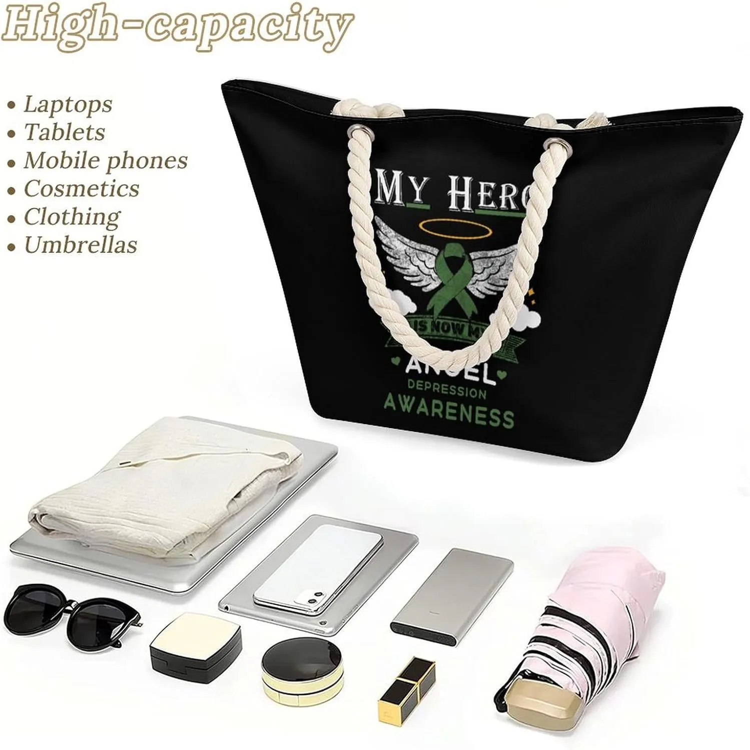 Tote Bag Large Handles Beach Bag with Zipper for Shopping Groceries Travel Outdoors Swim Pool Bag
