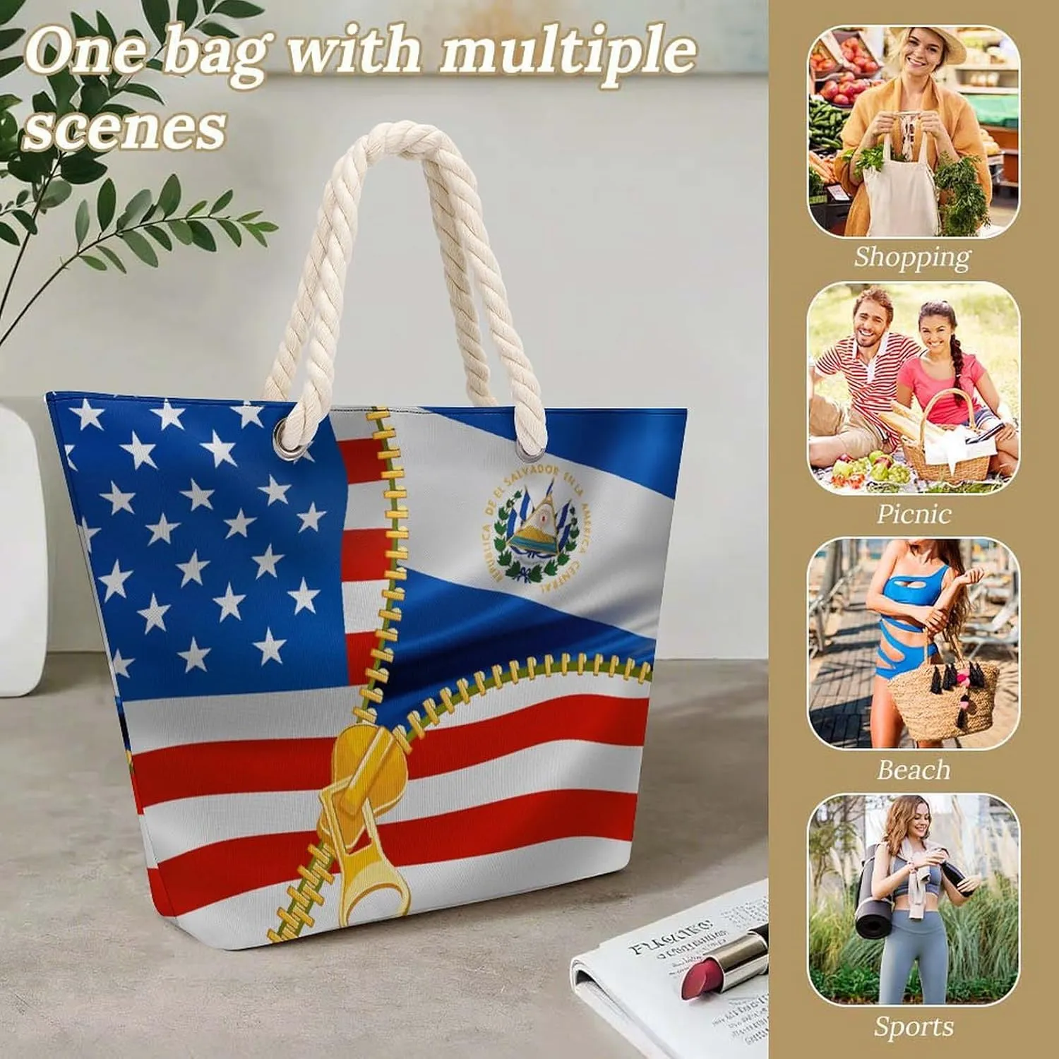 Tote Bag Large Handles Beach Bag with Zipper for Shopping Groceries Travel Outdoors Swim Pool Bag
