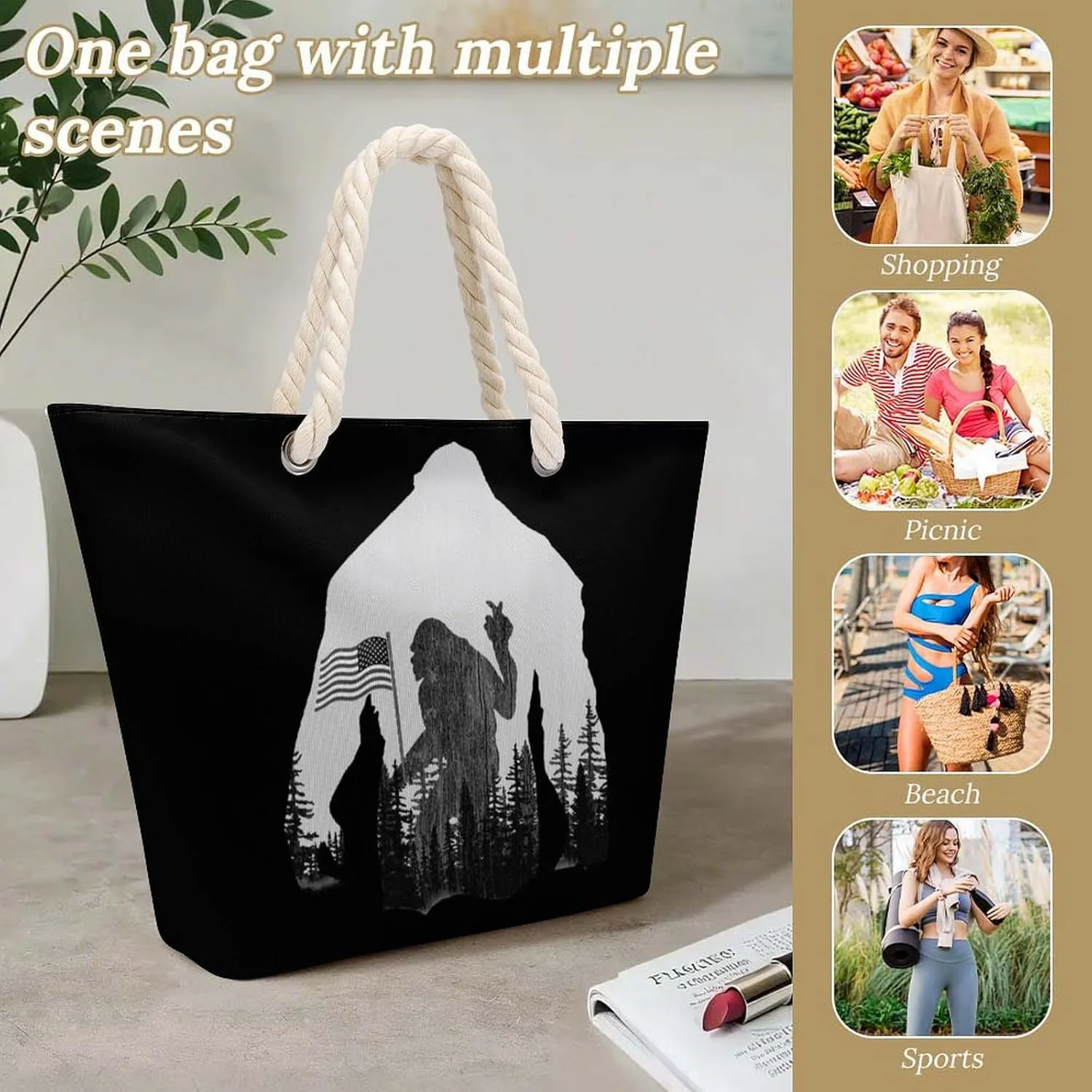 Tote Bag Large Handles Beach Bag with Zipper for Shopping Groceries Travel Outdoors Swim Pool Bag