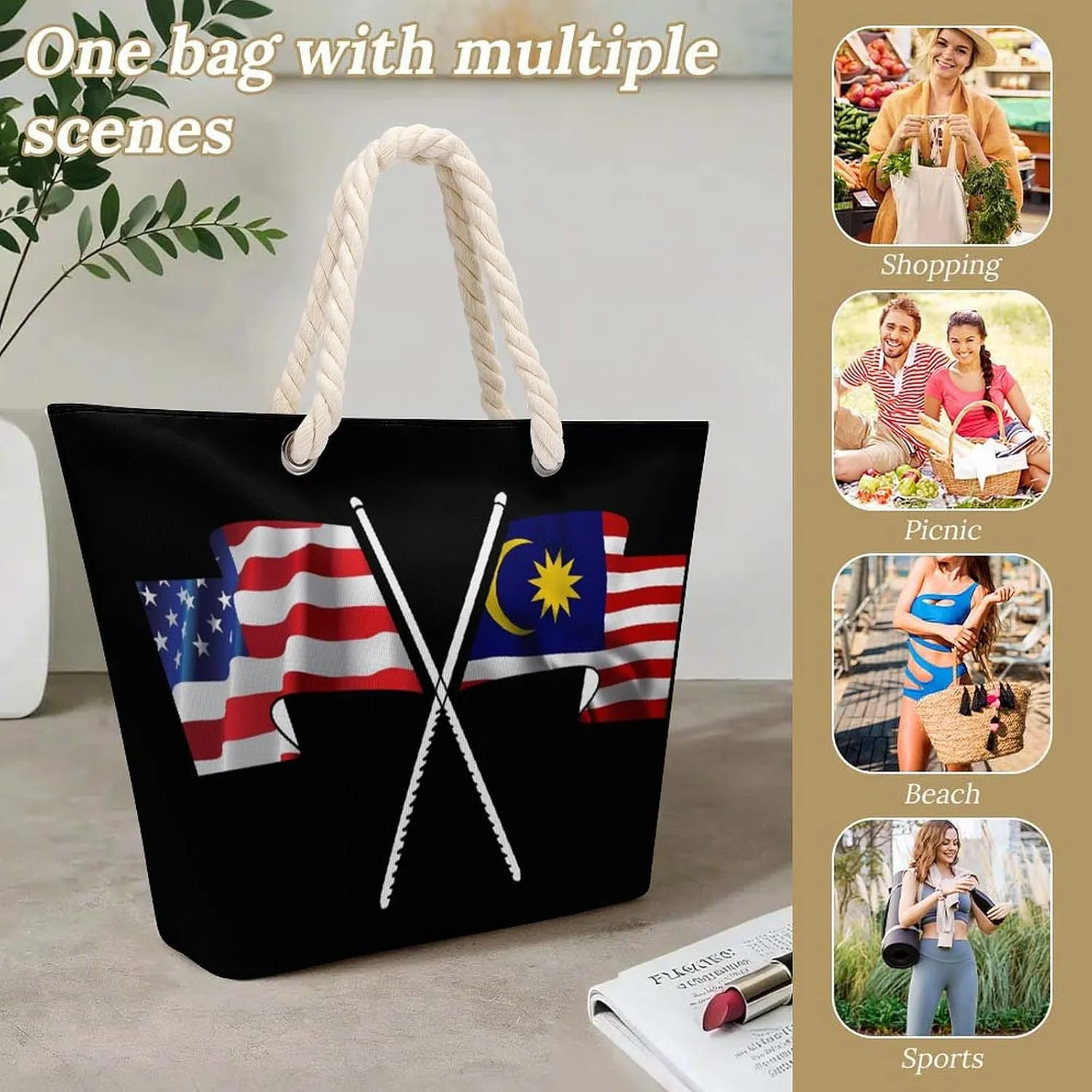 Tote Bag Large Handles Beach Bag with Zipper for Shopping Groceries Travel Outdoors Swim Pool Bag