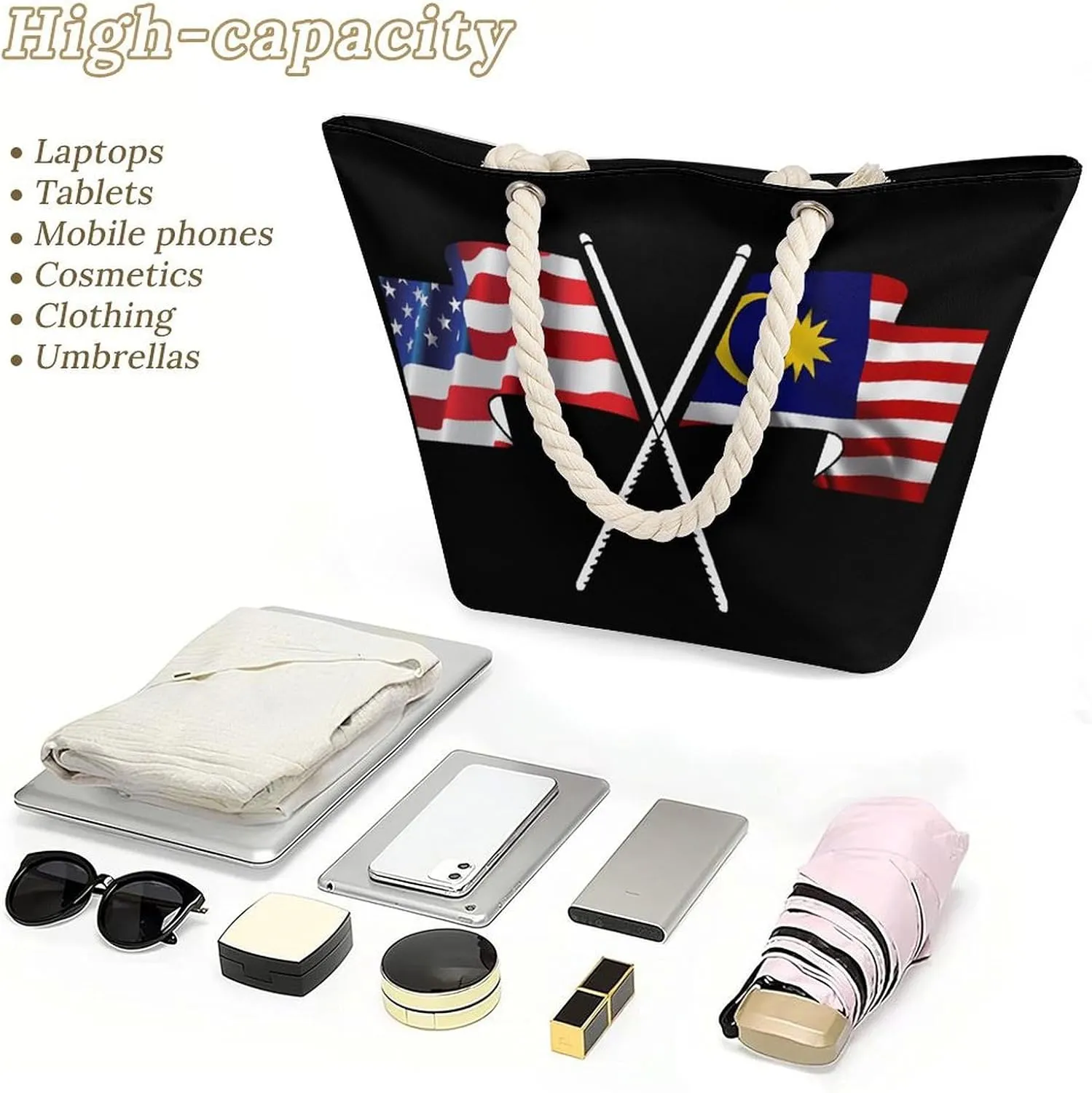 Tote Bag Large Handles Beach Bag with Zipper for Shopping Groceries Travel Outdoors Swim Pool Bag