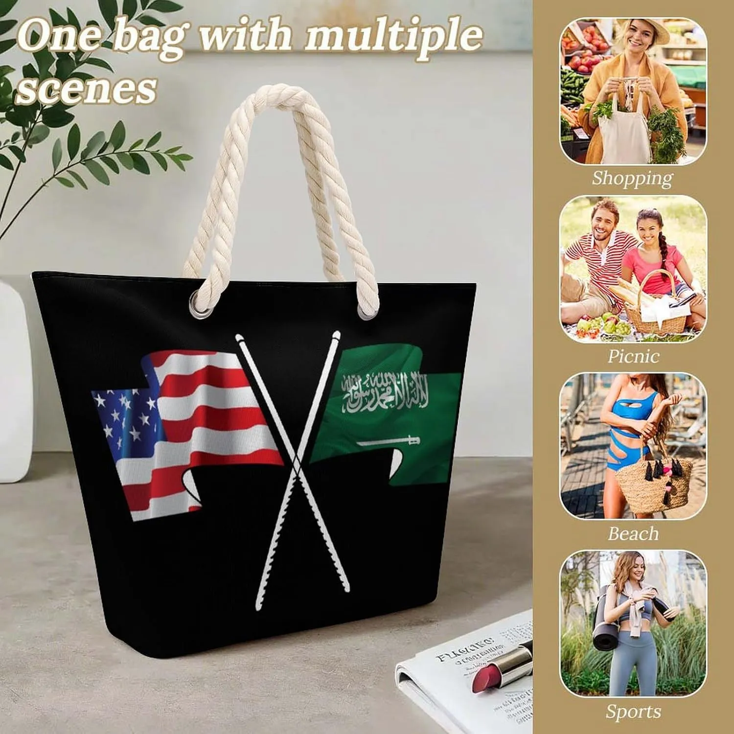 Tote Bag Large Handles Beach Bag with Zipper for Shopping Groceries Travel Outdoors Swim Pool Bag