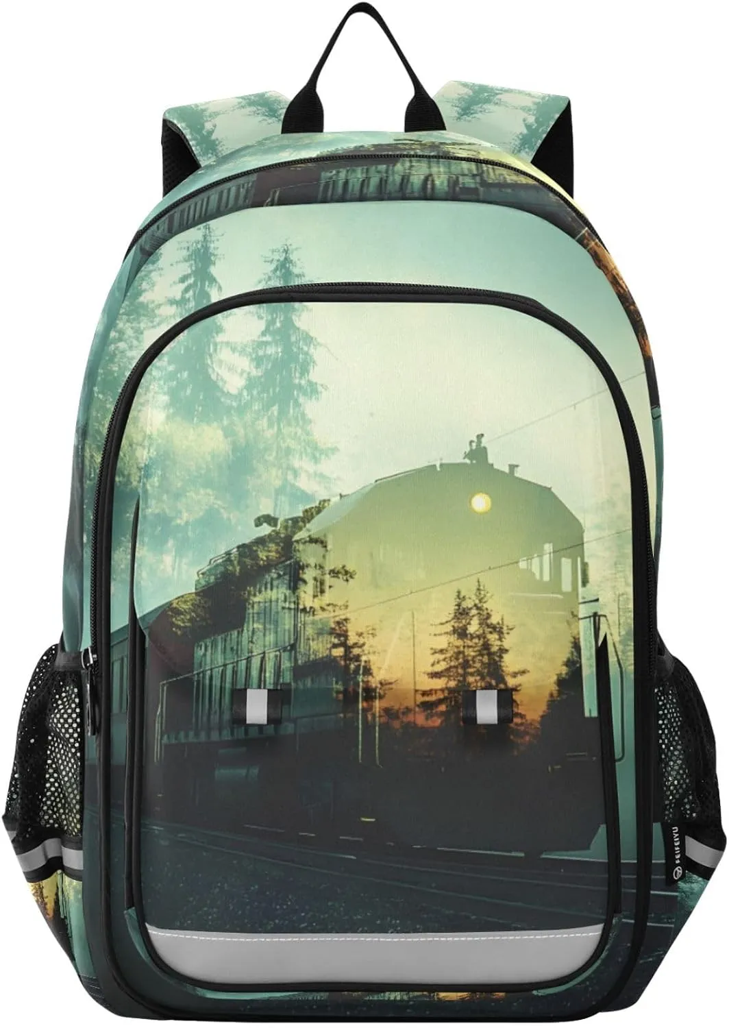 Train Double Exposure Kids Backpack Big Storage Multiple Pockets 17.7 IN for Travel, Bookbag School Bag with Chest Buckle Reflective Strip for Boys Girls in Primary Middle High School