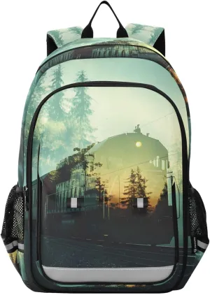 Train Double Exposure Kids Backpack Big Storage Multiple Pockets 17.7 IN for Travel, Bookbag School Bag with Chest Buckle Reflective Strip for Boys Girls in Primary Middle High School