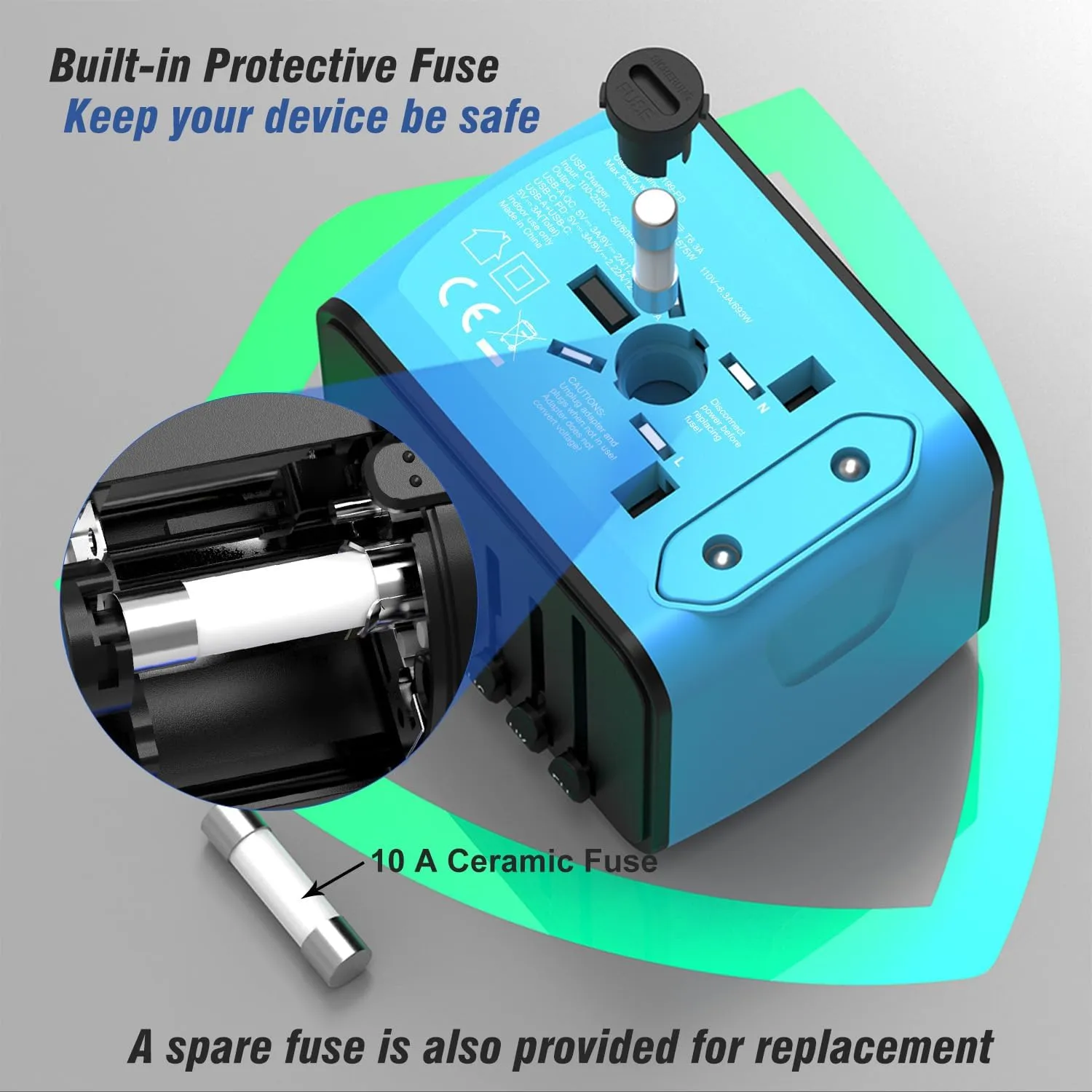 Travel Adapter Worldwide, Universal International Power Plug Adapter W/2.4A 3xUSB-A and 3.0A Type-C Wall Charger, European Travel Plug Adapter for Europe UK EU US CA AU Italy Asia-Blue