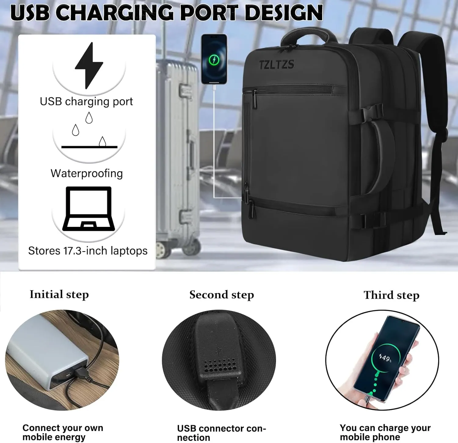 Travel Backpack, Carry On Backpack Airline Approved,Extra Large Expandable Waterproof, 17.3inch Laptop Backpack USB Charging Port, Business College Rucksack Backpack Gifts for Men Women,Black