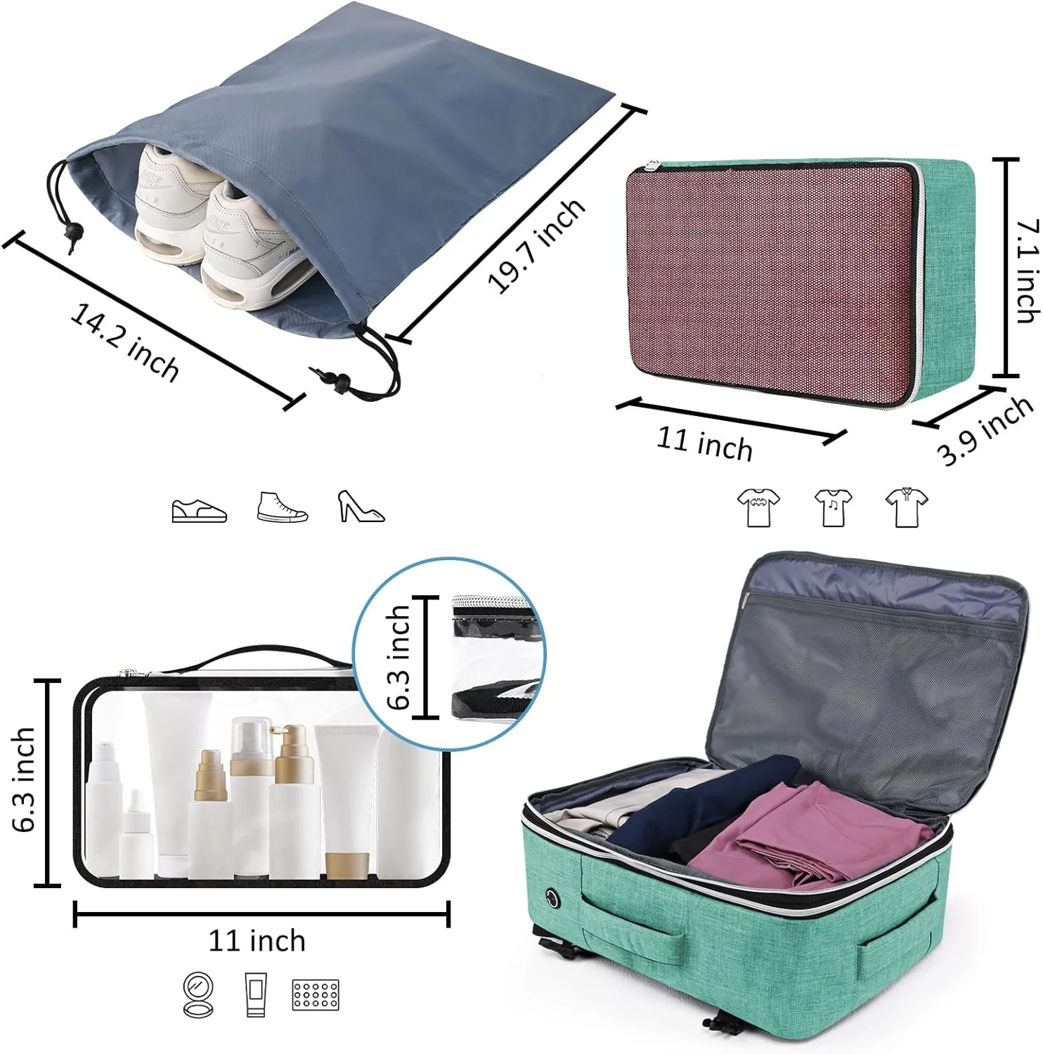 Travel Carry On 17.5" Laptop Expandable Backpack for Men Women, Personal Item Bag Waterproof Airline Approved with USB Charging Hole 3 Packing Cubes, Large Weekender Daypack Business Luggage Suitcase