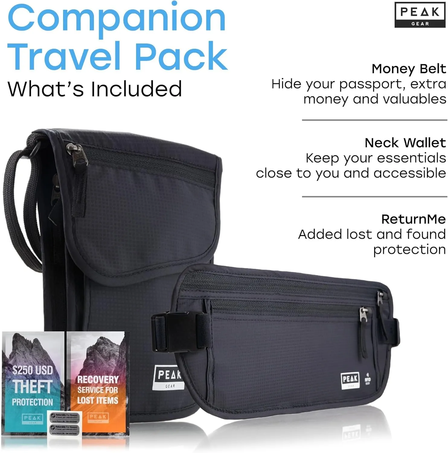 Travel Companion Combo - Hidden Travel Money Belt   Neck Wallet (Black, Bundle)