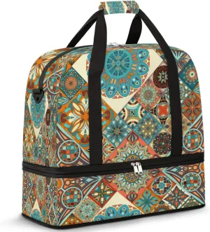 Travel Duffel Bag Mexican Talaverase Tile Sport Gym Bag for Woman Man,Waterproof Foldable Weekend Overnight Bag for Yoga Workout Training with Shoe Compartment