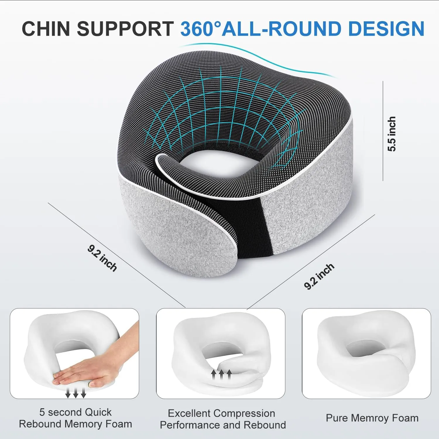 Travel Pillow, Best Memory Foam Neck Pillow Head Support Soft Pillow for Sleeping Rest, Airplane Car & Home Use (1Grey)