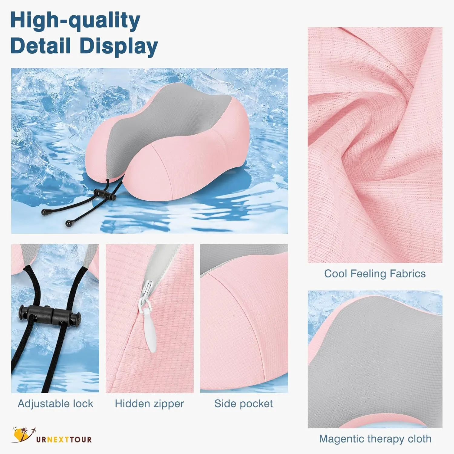 Travel Pillow for Airplane Memory Foam Pillow, 3 Pack Neck Pillow for Travelling with Eye Mask, Earplugs and Storage Bag, Sleeping Rest, Car, Train and Home Use Cooling, Grey&Pink&Sage