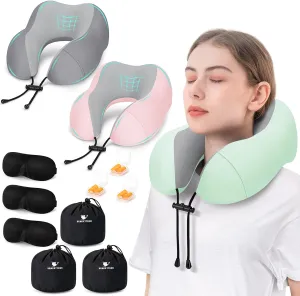 Travel Pillow for Airplane Memory Foam Pillow, 3 Pack Neck Pillow for Travelling with Eye Mask, Earplugs and Storage Bag, Sleeping Rest, Car, Train and Home Use Cooling, Grey&Pink&Sage