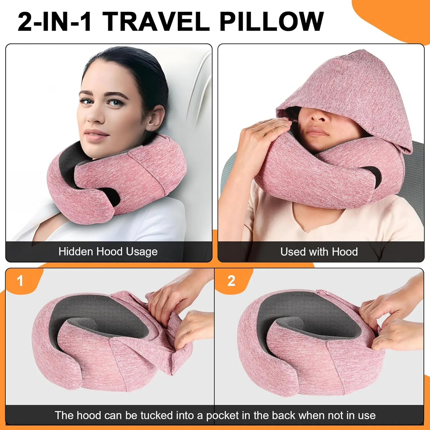 Travel Pillow - Hooded Neck Pillow Airplane, Memory Foam Pillow for Plane, Office, Cars Sleeping, Long Flight Must Haves, Road Trip Essentials Accessories for Adults (Red)